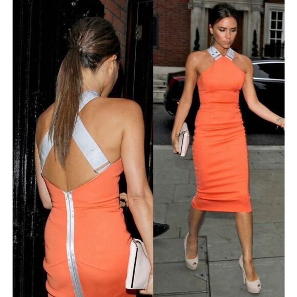 Victoria Beckham Iconic Orange Tangerine Cocktail Bodycon Dress Halter Pencil - Picture 2 of 16